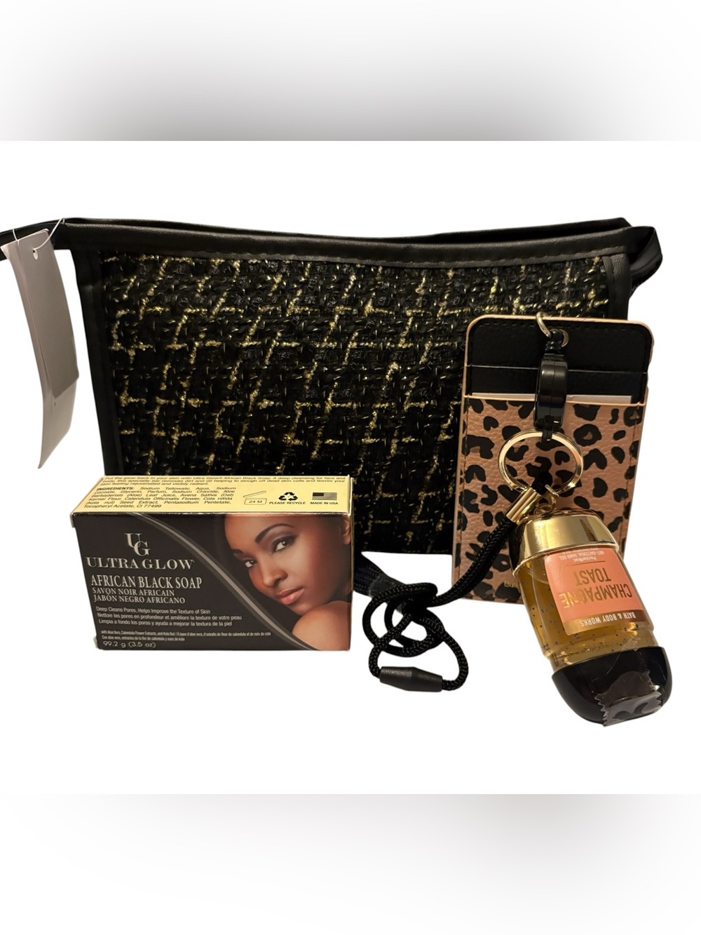 Beauty Bundle Tweed Makeup Bag with Soap, Lanyard and Sanitizer